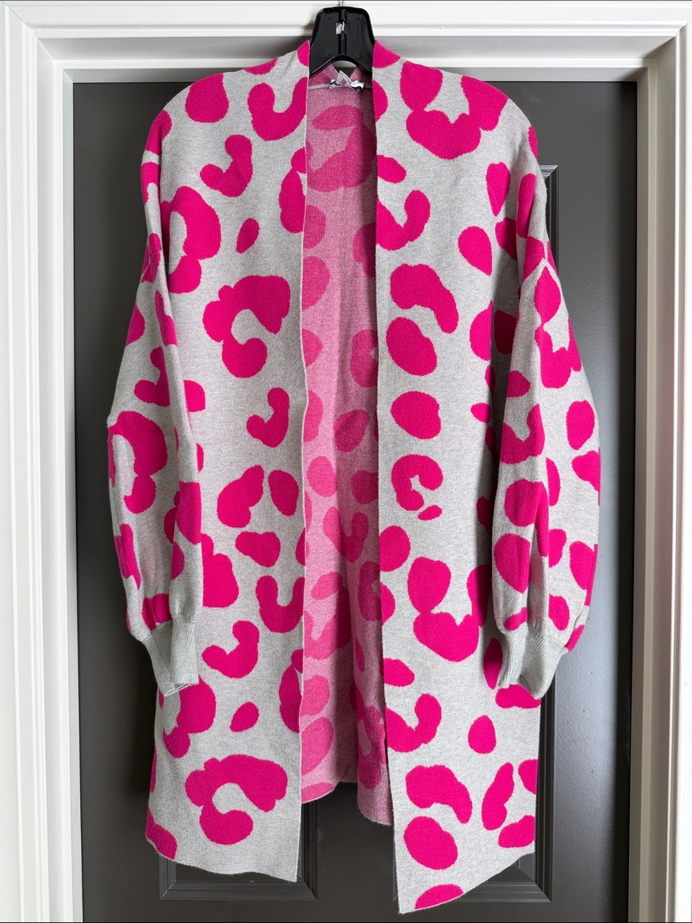 Hot Pink Leopard long cardigan - pls see flaws!